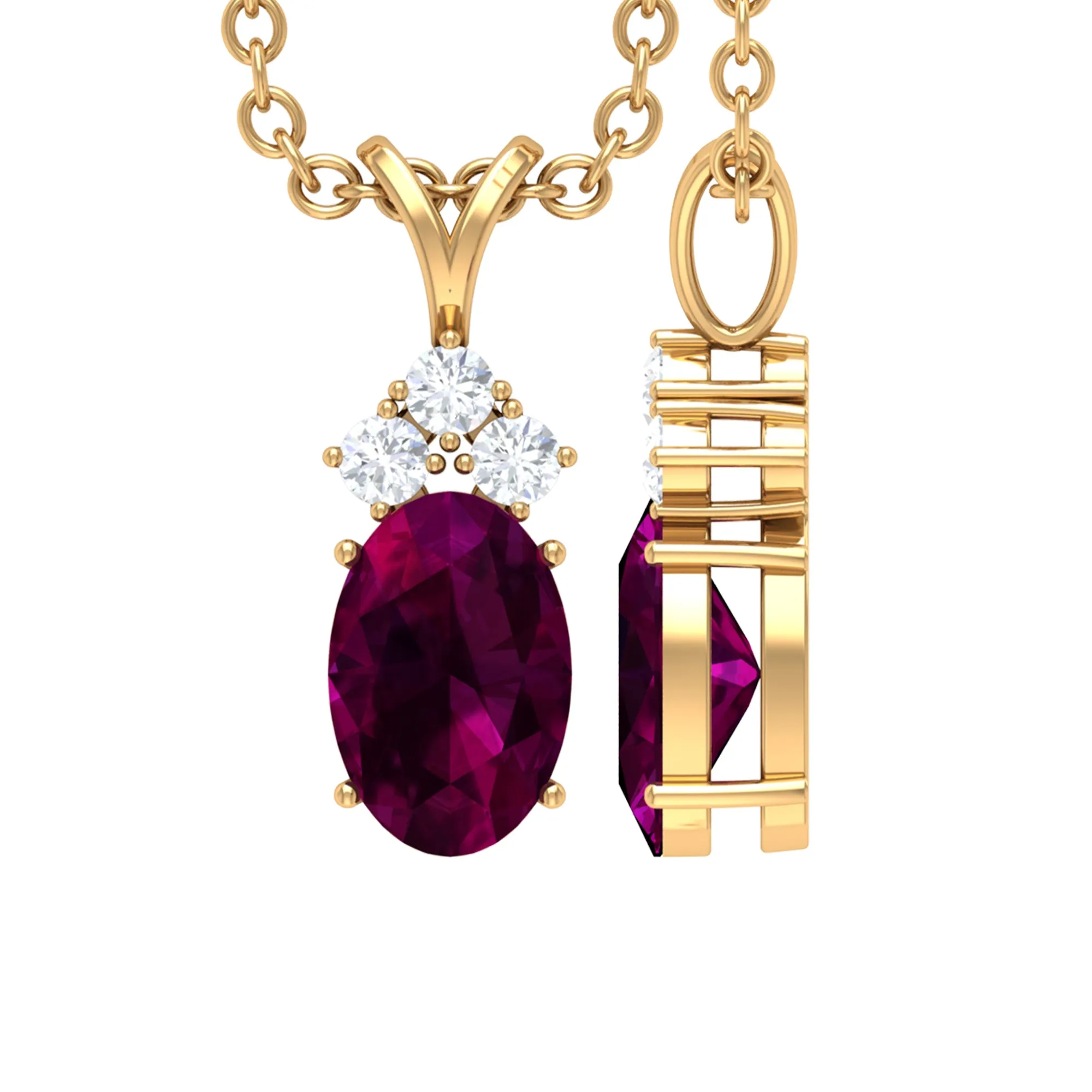 Minimal Oval Rhodolite Pendant with Diamond Stones