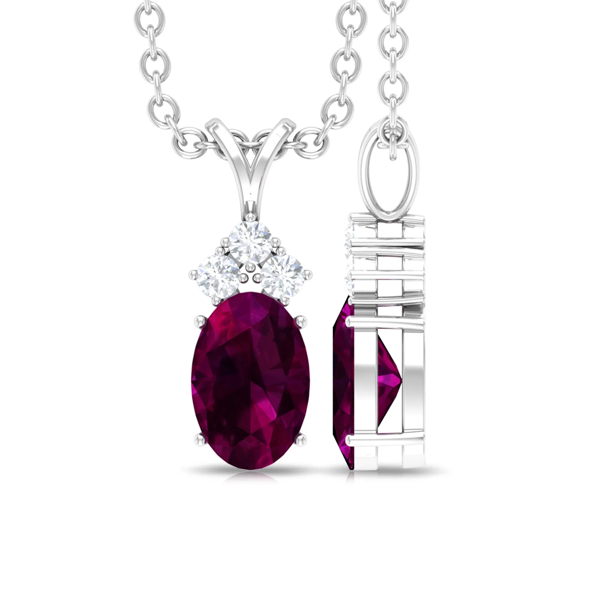 Minimal Oval Rhodolite Pendant with Diamond Stones