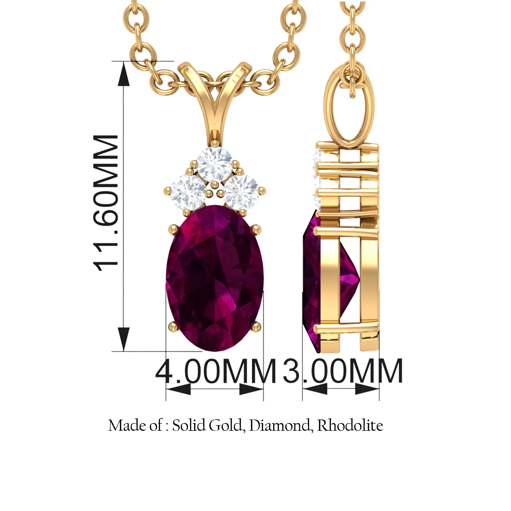 Minimal Oval Rhodolite Pendant with Diamond Stones