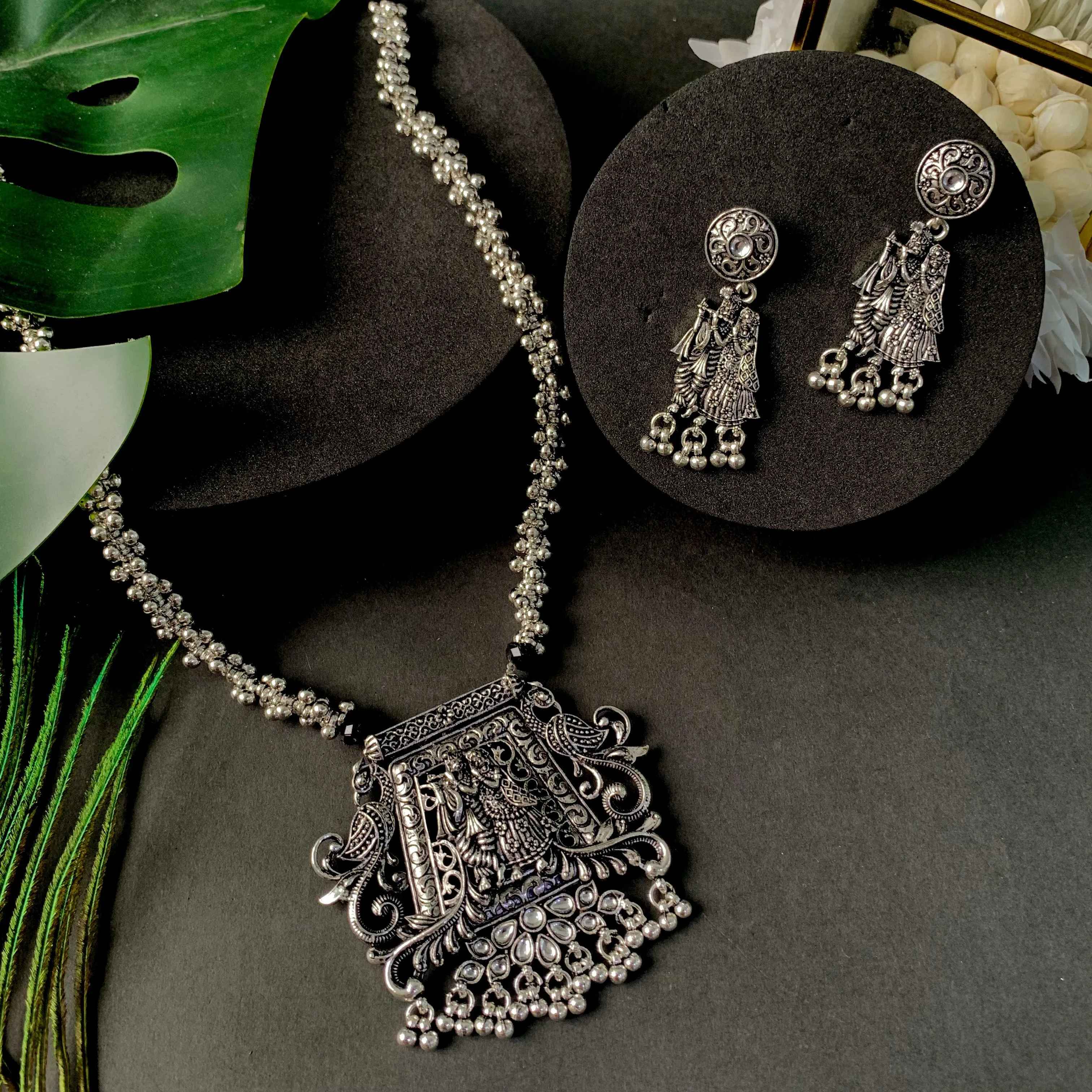 Navratri Ethnic Silver Oxidised Radha Krisha Long Necklace Jewellery With Jhumka Earrings Set For Women/Girls