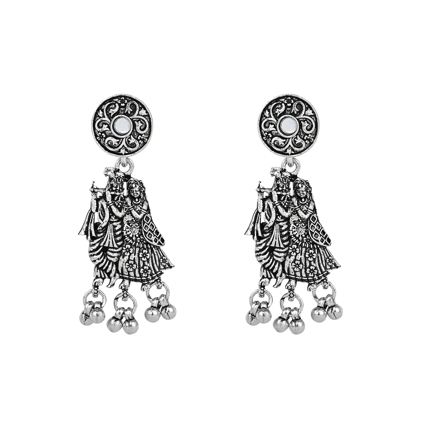 Navratri Ethnic Silver Oxidised Radha Krisha Long Necklace Jewellery With Jhumka Earrings Set For Women/Girls