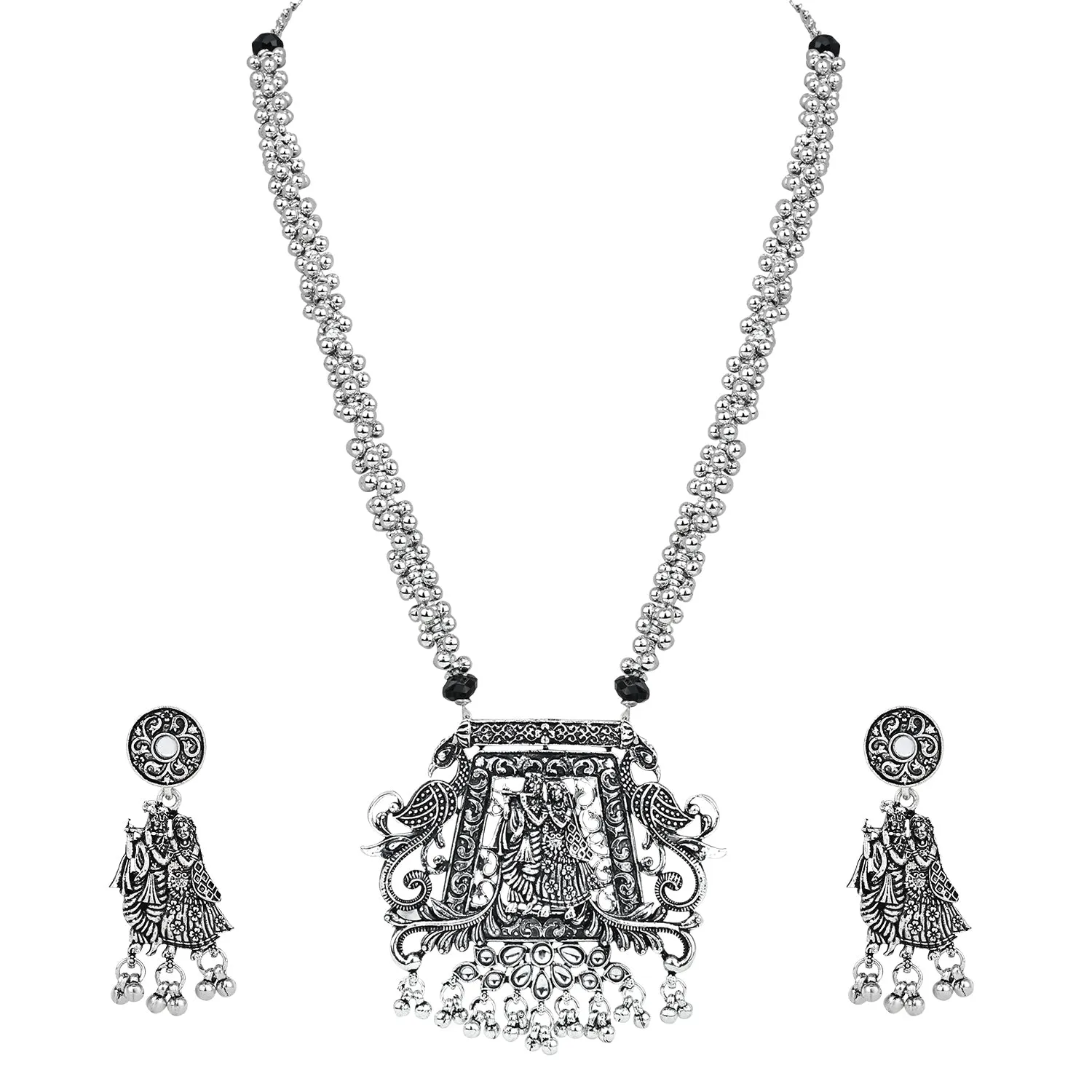 Navratri Ethnic Silver Oxidised Radha Krisha Long Necklace Jewellery With Jhumka Earrings Set For Women/Girls