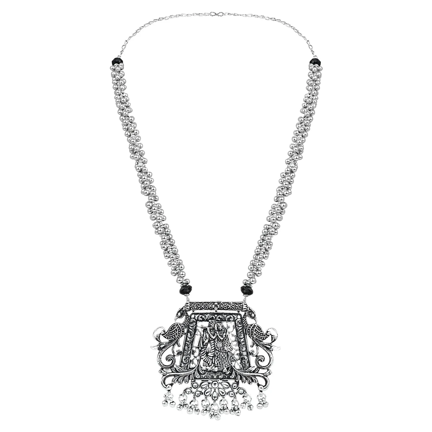 Navratri Ethnic Silver Oxidised Radha Krisha Long Necklace Jewellery With Jhumka Earrings Set For Women/Girls
