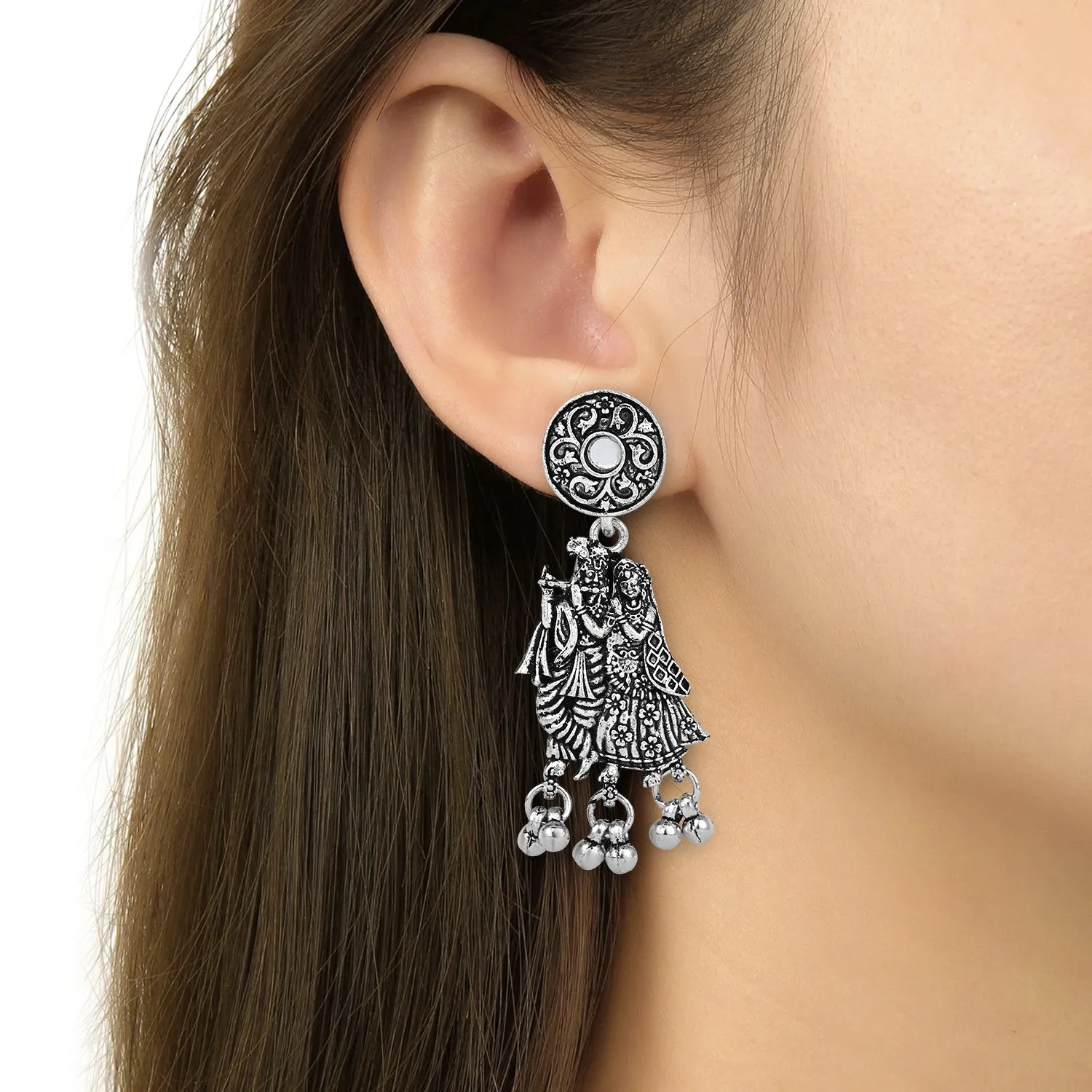 Navratri Ethnic Silver Oxidised Radha Krisha Long Necklace Jewellery With Jhumka Earrings Set For Women/Girls