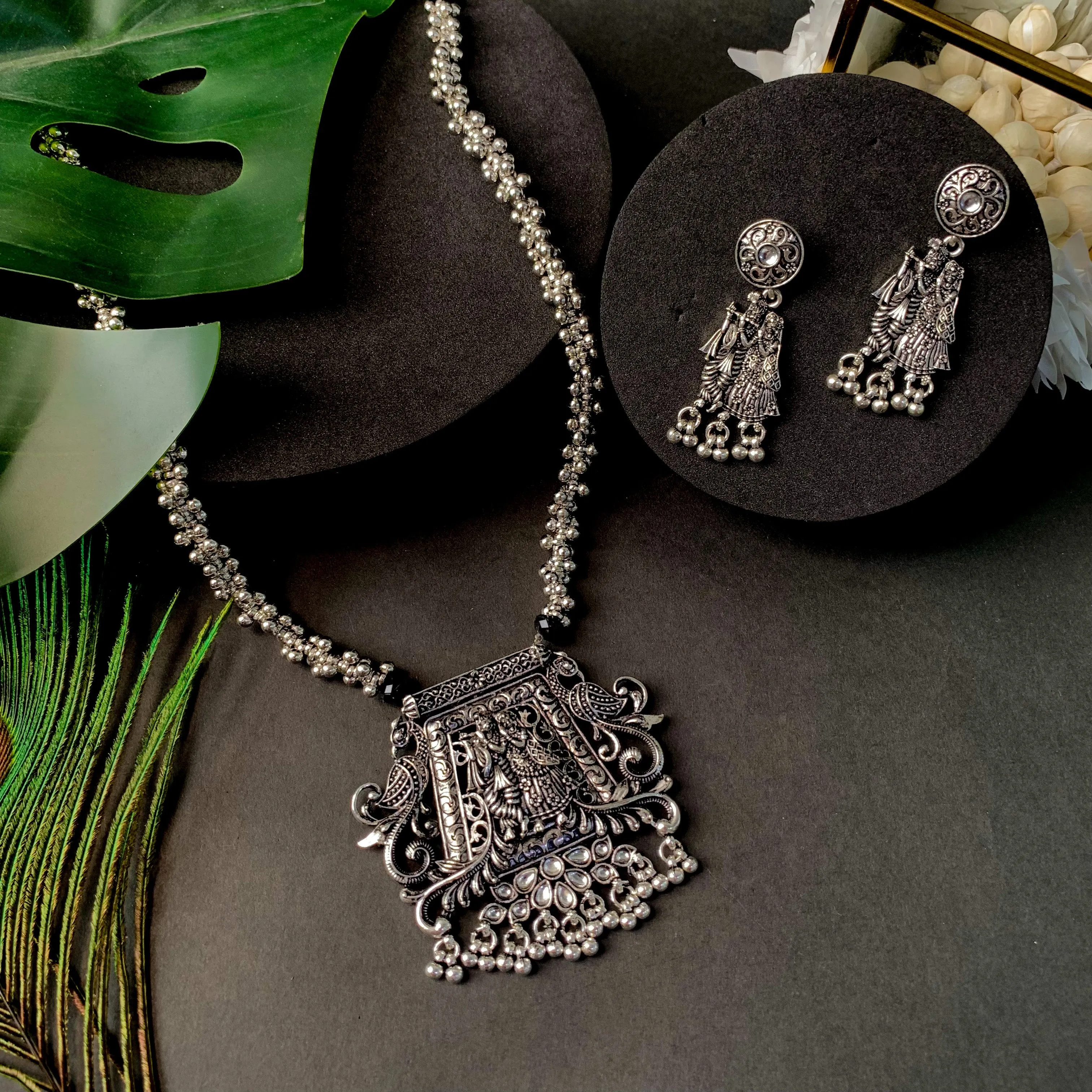 Navratri Ethnic Silver Oxidised Radha Krisha Long Necklace Jewellery With Jhumka Earrings Set For Women/Girls