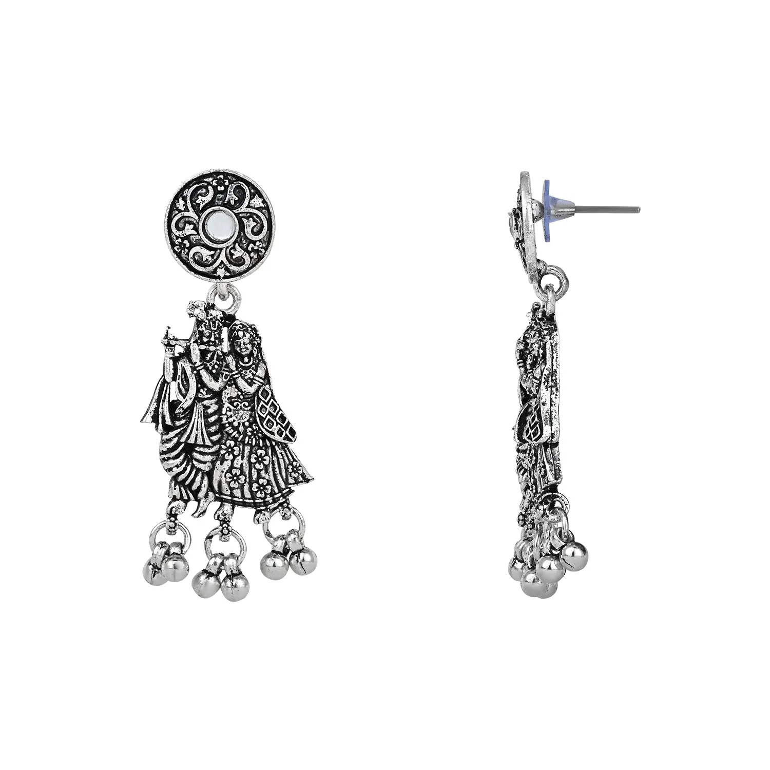 Navratri Ethnic Silver Oxidised Radha Krisha Long Necklace Jewellery With Jhumka Earrings Set For Women/Girls