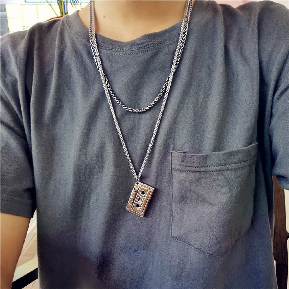 Punk Hip Hop Cassette Necklace Vintage Stainless Steel Men Necklace Chain Fashion Nightclub Rock Jewelry Gift Wholesale