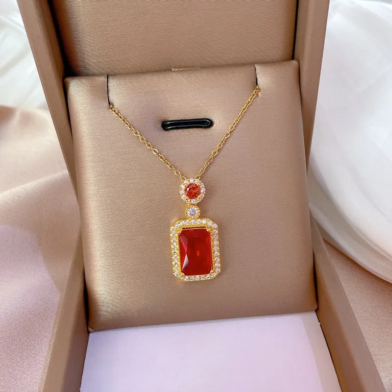 Retro green red zircon necklace geometric square