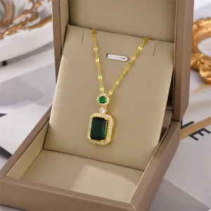 Retro green red zircon necklace geometric square