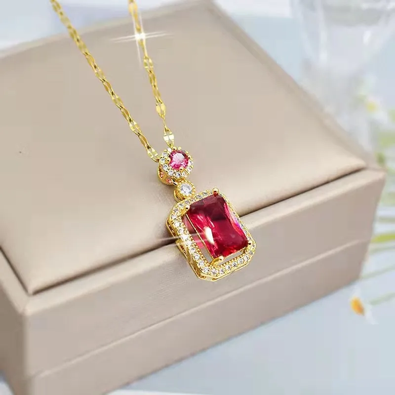 Retro green red zircon necklace geometric square
