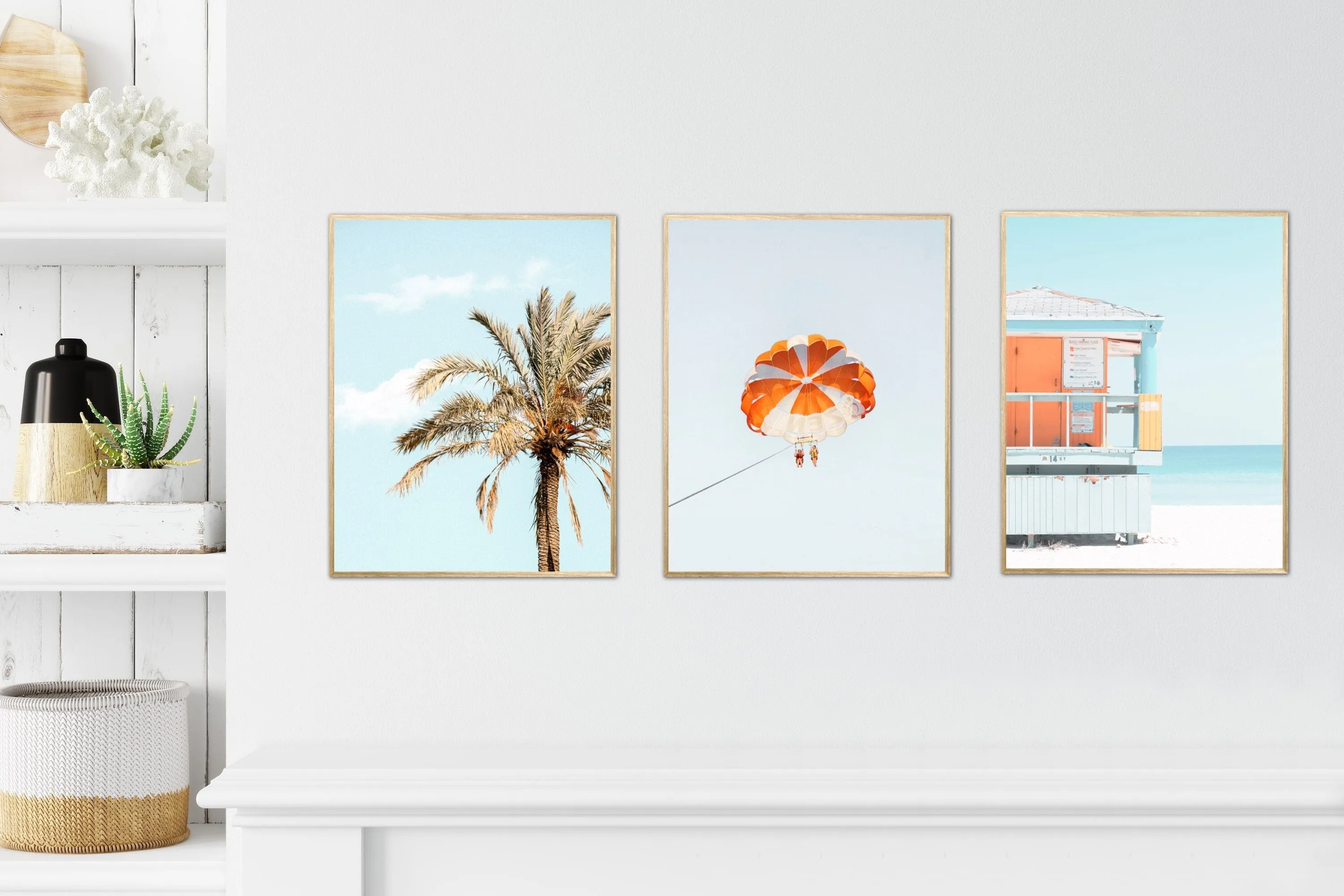Set Of 3 Pastel Beach Wall Art INSTANT DOWNLOAD Art Prints, Palm Tree Lifeguard, Sky Blue Print Set, Coastal Decor, Coastal Wall Art