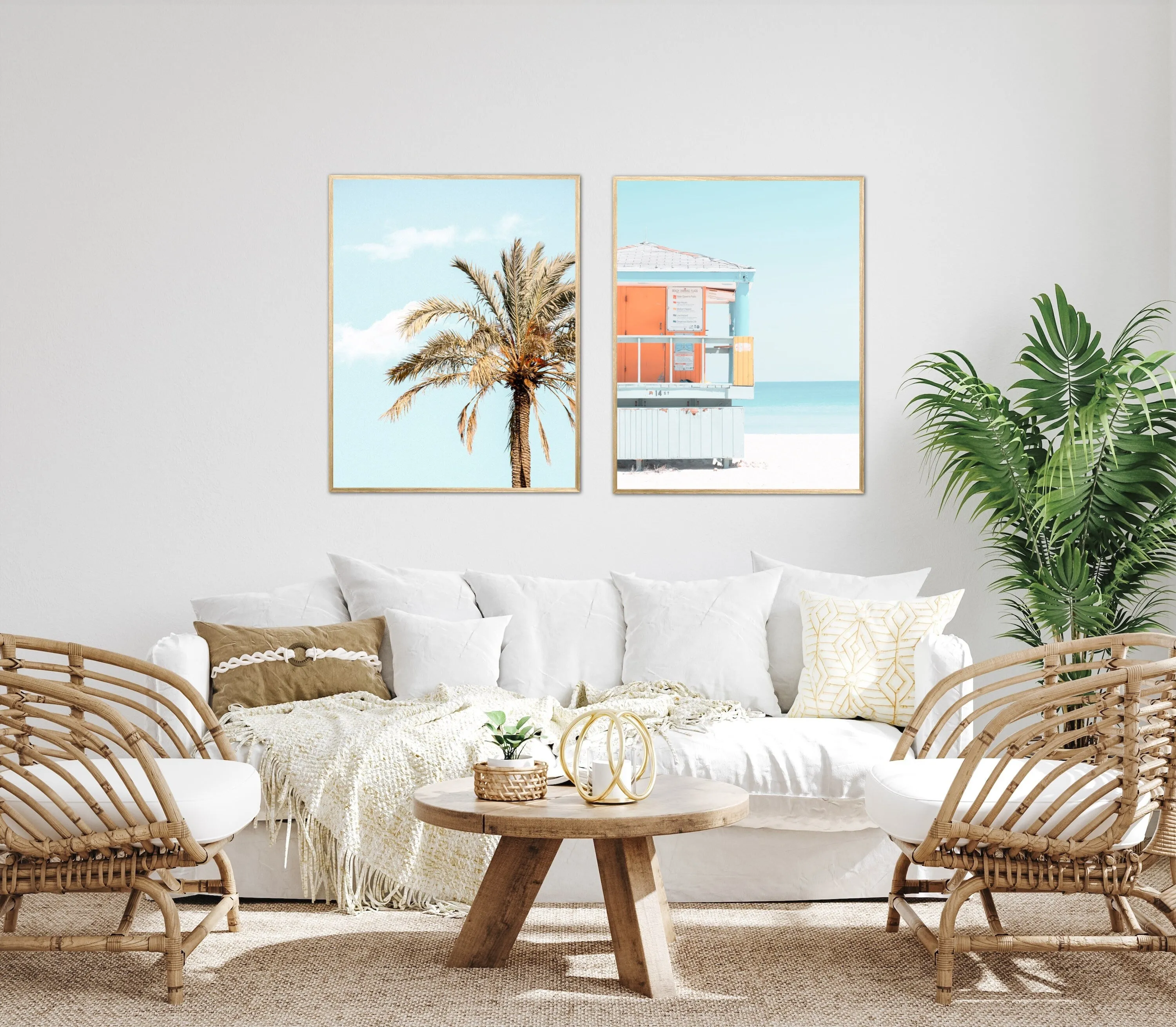 Set Of 3 Pastel Beach Wall Art INSTANT DOWNLOAD Art Prints, Palm Tree Lifeguard, Sky Blue Print Set, Coastal Decor, Coastal Wall Art