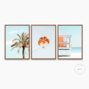 Set Of 3 Pastel Beach Wall Art INSTANT DOWNLOAD Art Prints, Palm Tree Lifeguard, Sky Blue Print Set, Coastal Decor, Coastal Wall Art