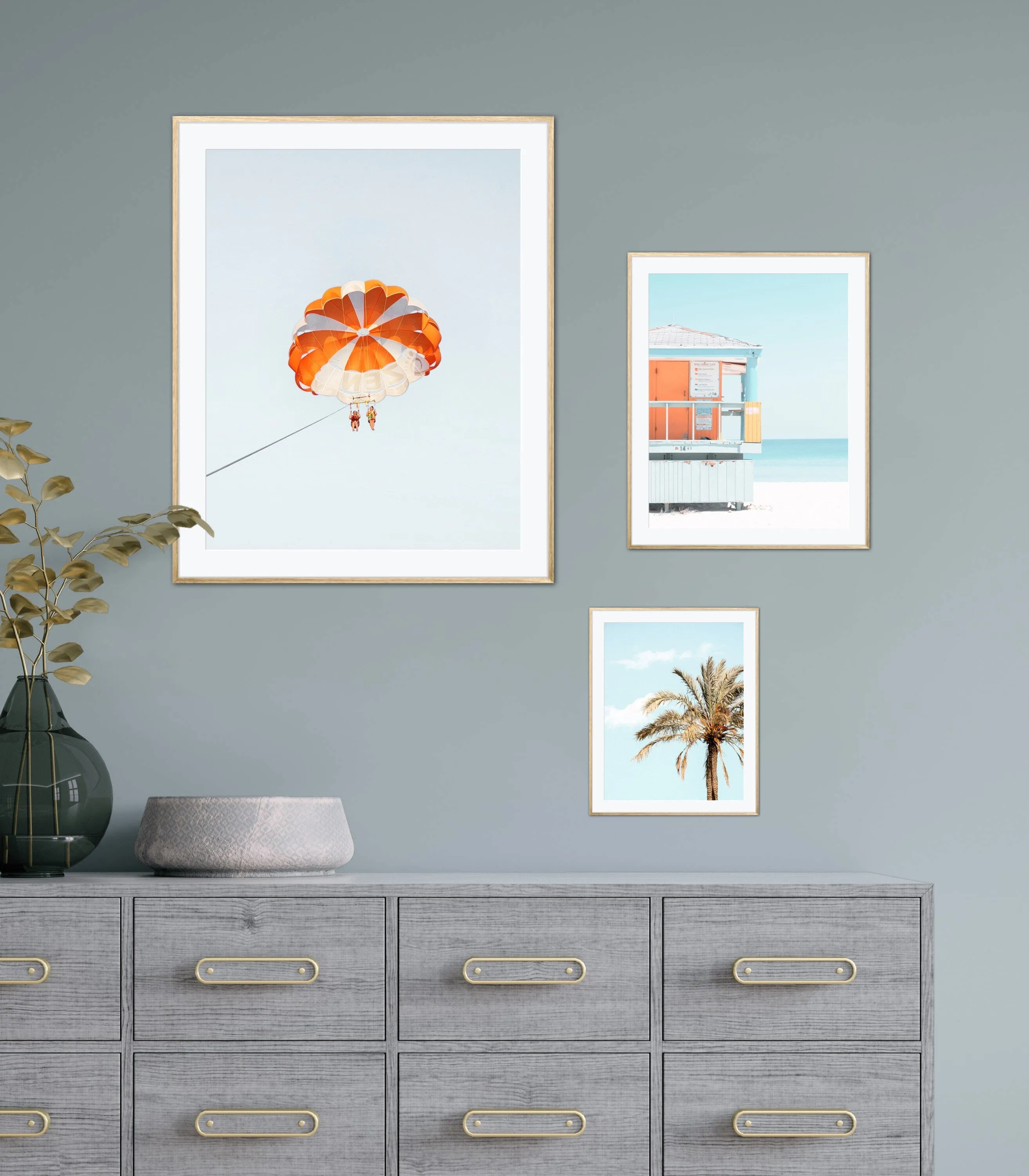 Set Of 3 Pastel Beach Wall Art INSTANT DOWNLOAD Art Prints, Palm Tree Lifeguard, Sky Blue Print Set, Coastal Decor, Coastal Wall Art