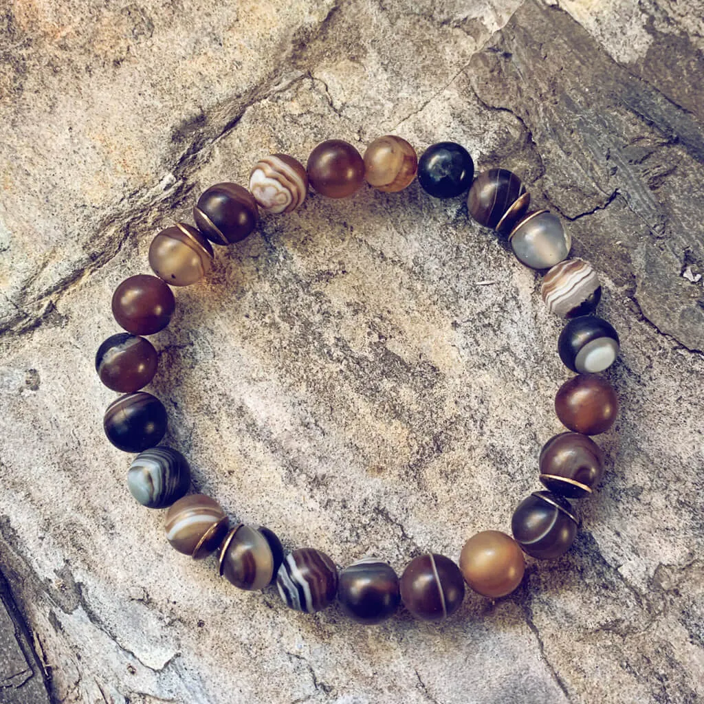 stability II // brown line agate and natural brass mala bead bracelet