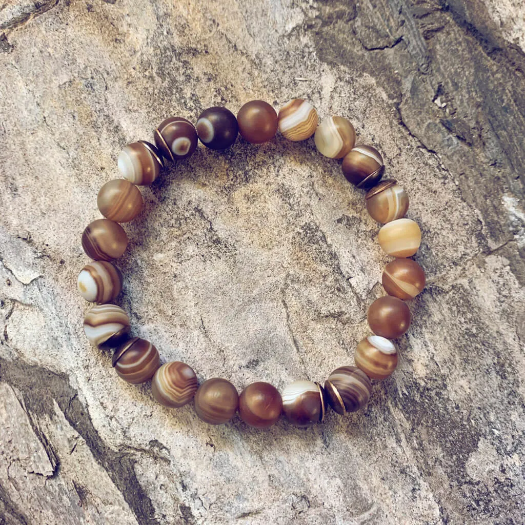 stability II // brown line agate and natural brass mala bead bracelet