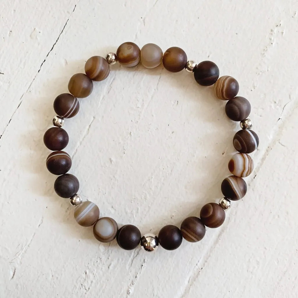 stability II // brown line agate and natural brass mala bead bracelet