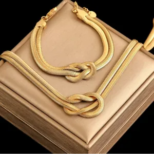 Stainless Steel Creative Knotting Waterproof Neck Chain Necklace Bracelet Jewelry Set