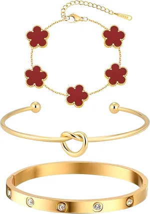 Womens Stackable Gold Bracelets Set Jewelry- 18K Gold Plated Lucky Five Leaf Clover Knot Bangle and Cubic Zirconia Bracelets Adjustable Trendy Jewelry Gift for Mother's Day