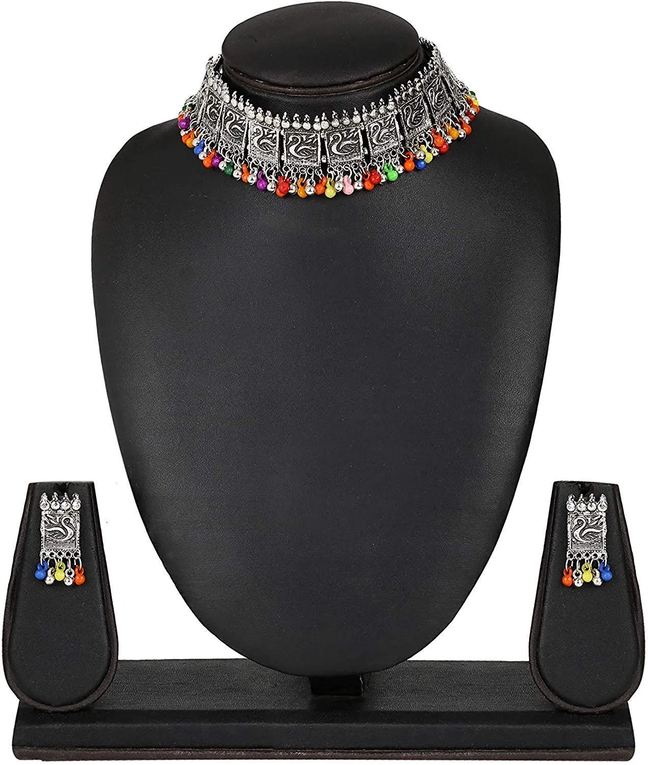 Yellow Chimes Exclusive Antique Peacock Design Vintage Style German Oxidised Silver Beads Choker Necklace Set with Drop Earrings Jewellery Set for Women and Girls