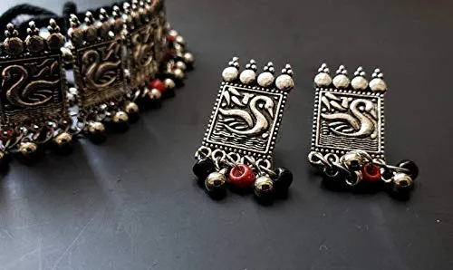 Yellow Chimes Exclusive Antique Peacock Design Vintage Style German Oxidised Silver Beads Choker Necklace Set with Drop Earrings Jewellery Set for Women and Girls
