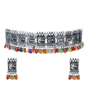 Yellow Chimes Exclusive Antique Peacock Design Vintage Style German Oxidised Silver Beads Choker Necklace Set with Drop Earrings Jewellery Set for Women and Girls