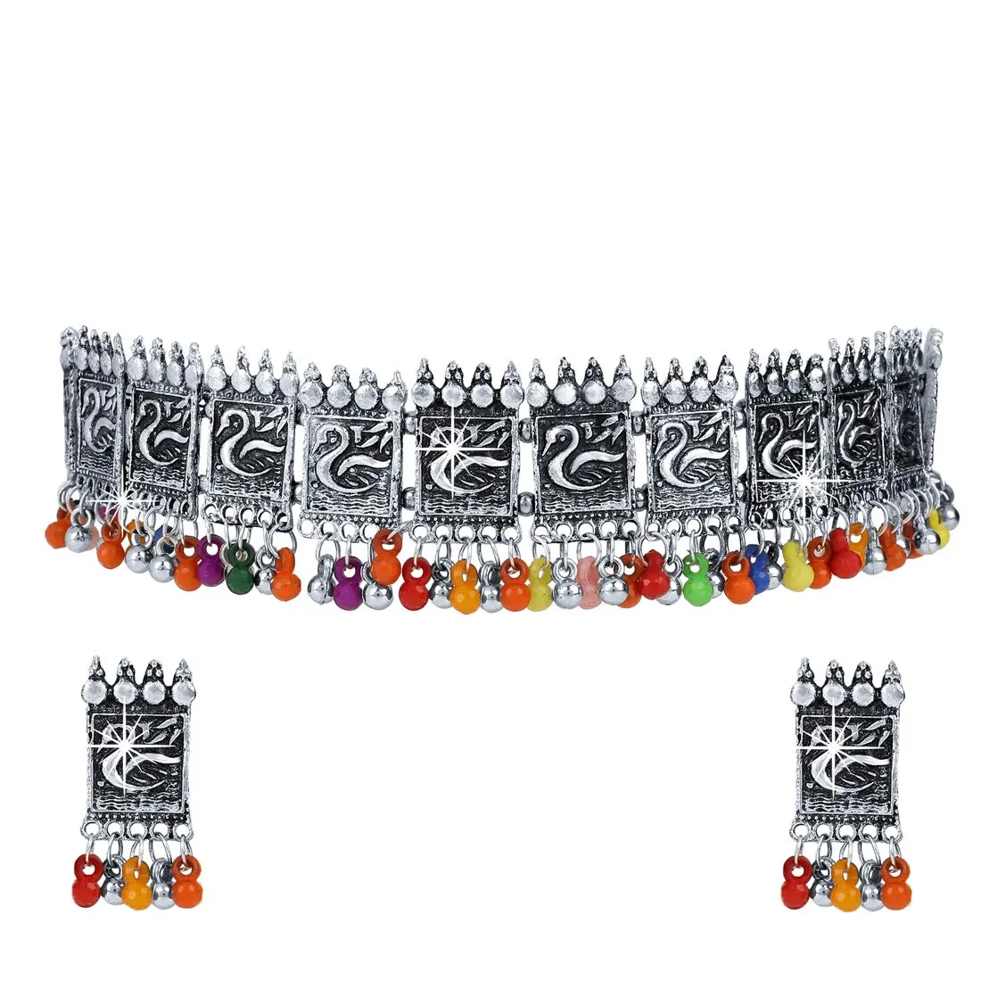 Yellow Chimes Exclusive Antique Peacock Design Vintage Style German Oxidised Silver Beads Choker Necklace Set with Drop Earrings Jewellery Set for Women and Girls