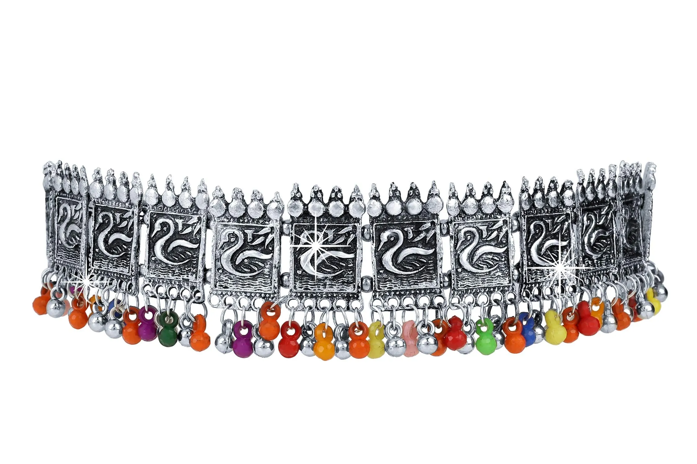 Yellow Chimes Exclusive Antique Peacock Design Vintage Style German Oxidised Silver Beads Choker Necklace Set with Drop Earrings Jewellery Set for Women and Girls