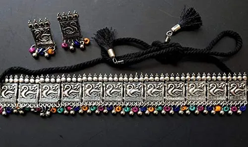Yellow Chimes Exclusive Antique Peacock Design Vintage Style German Oxidised Silver Beads Choker Necklace Set with Drop Earrings Jewellery Set for Women and Girls