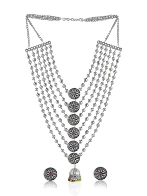 Yellow Chimes German Silver Oxidized Designer Multi Layer Beads Necklace Set with Stud Earrings Jewellery set for Women and Girls