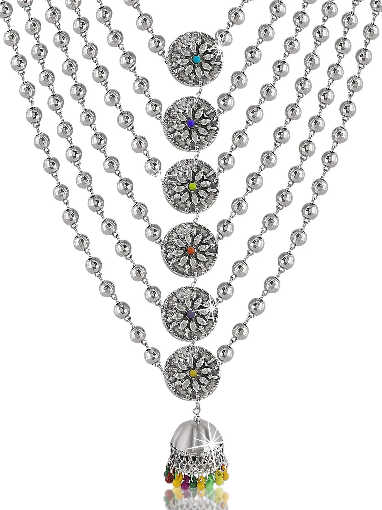 Yellow Chimes German Silver Oxidized Designer Multi Layer Beads Necklace Set with Stud Earrings Jewellery set for Women and Girls