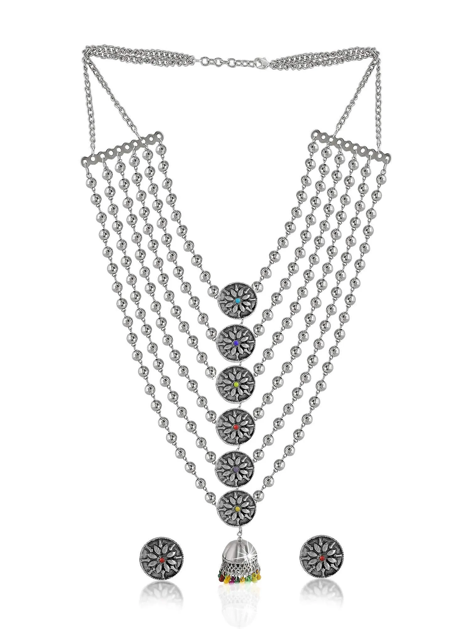 Yellow Chimes German Silver Oxidized Designer Multi Layer Beads Necklace Set with Stud Earrings Jewellery set for Women and Girls