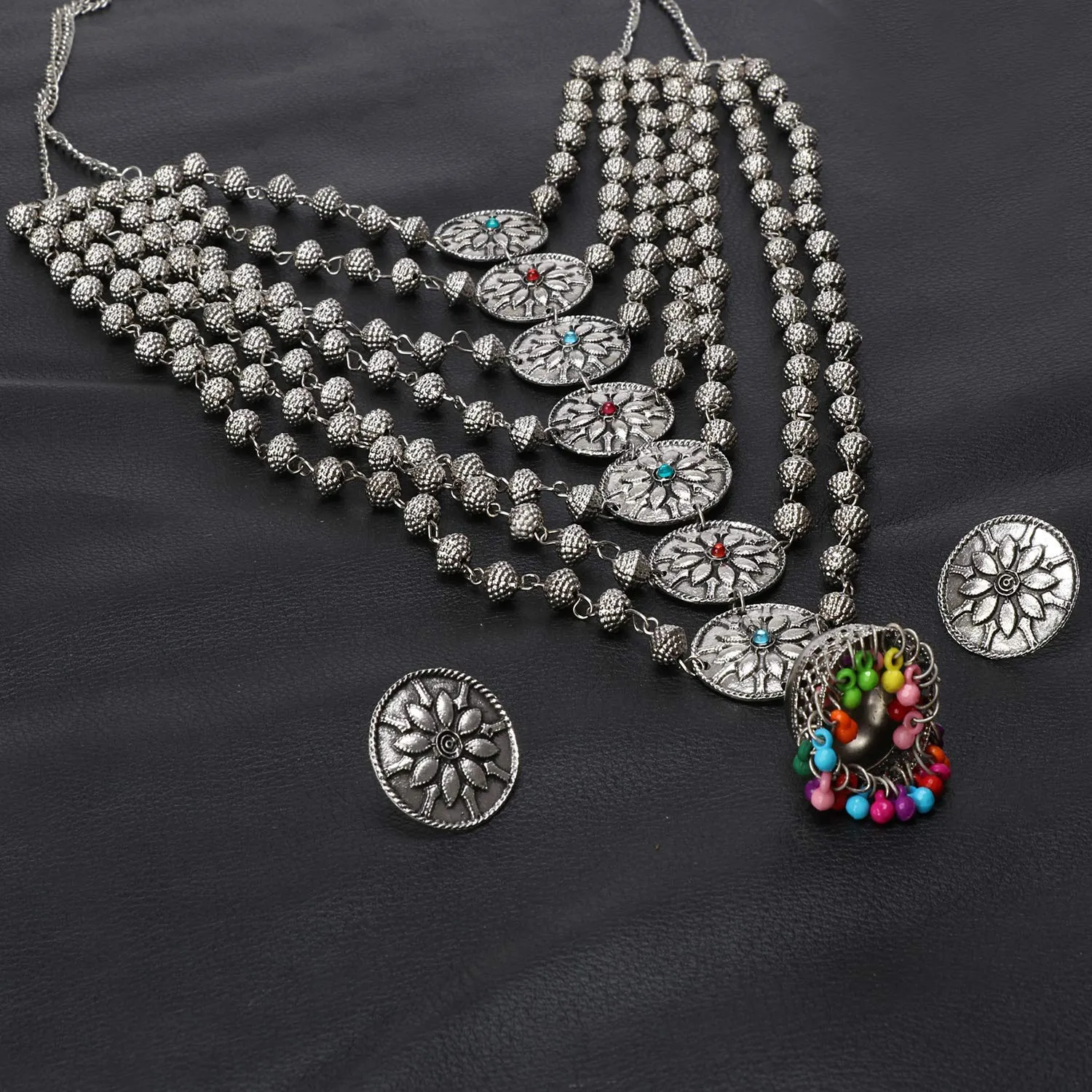 Yellow Chimes German Silver Oxidized Designer Multi Layer Beads Necklace Set with Stud Earrings Jewellery set for Women and Girls
