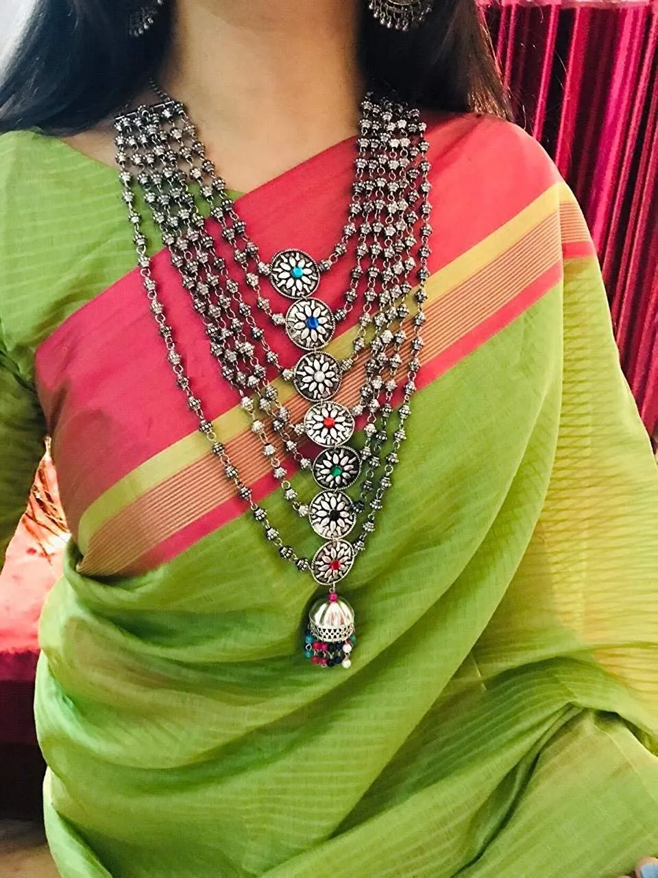 Yellow Chimes German Silver Oxidized Designer Multi Layer Beads Necklace Set with Stud Earrings Jewellery set for Women and Girls