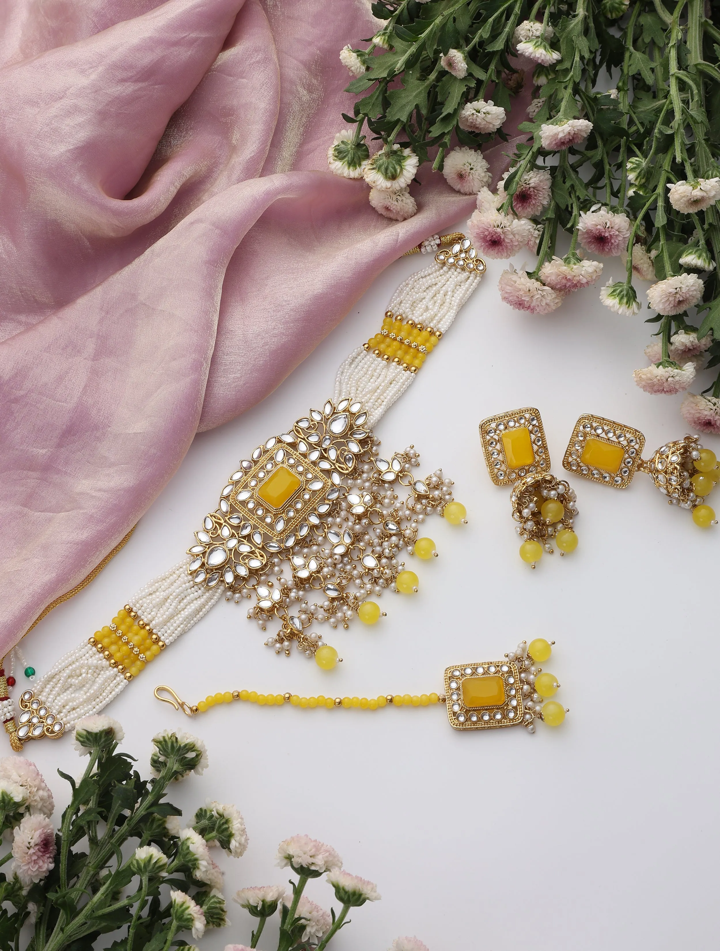 Yellow Pearl Choker Kundan Necklace, Earring and Maang Teeka Set