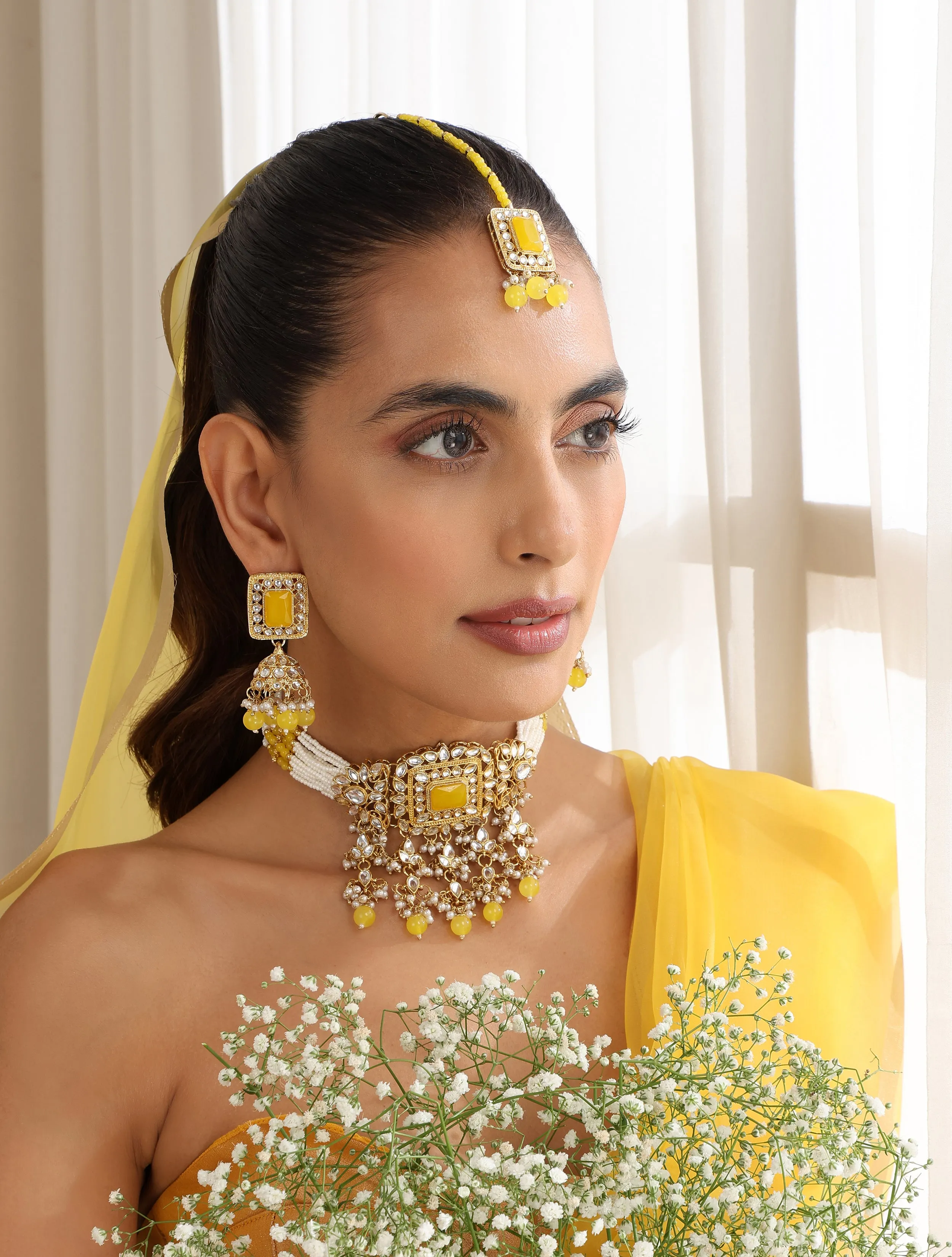 Yellow Pearl Choker Kundan Necklace, Earring and Maang Teeka Set