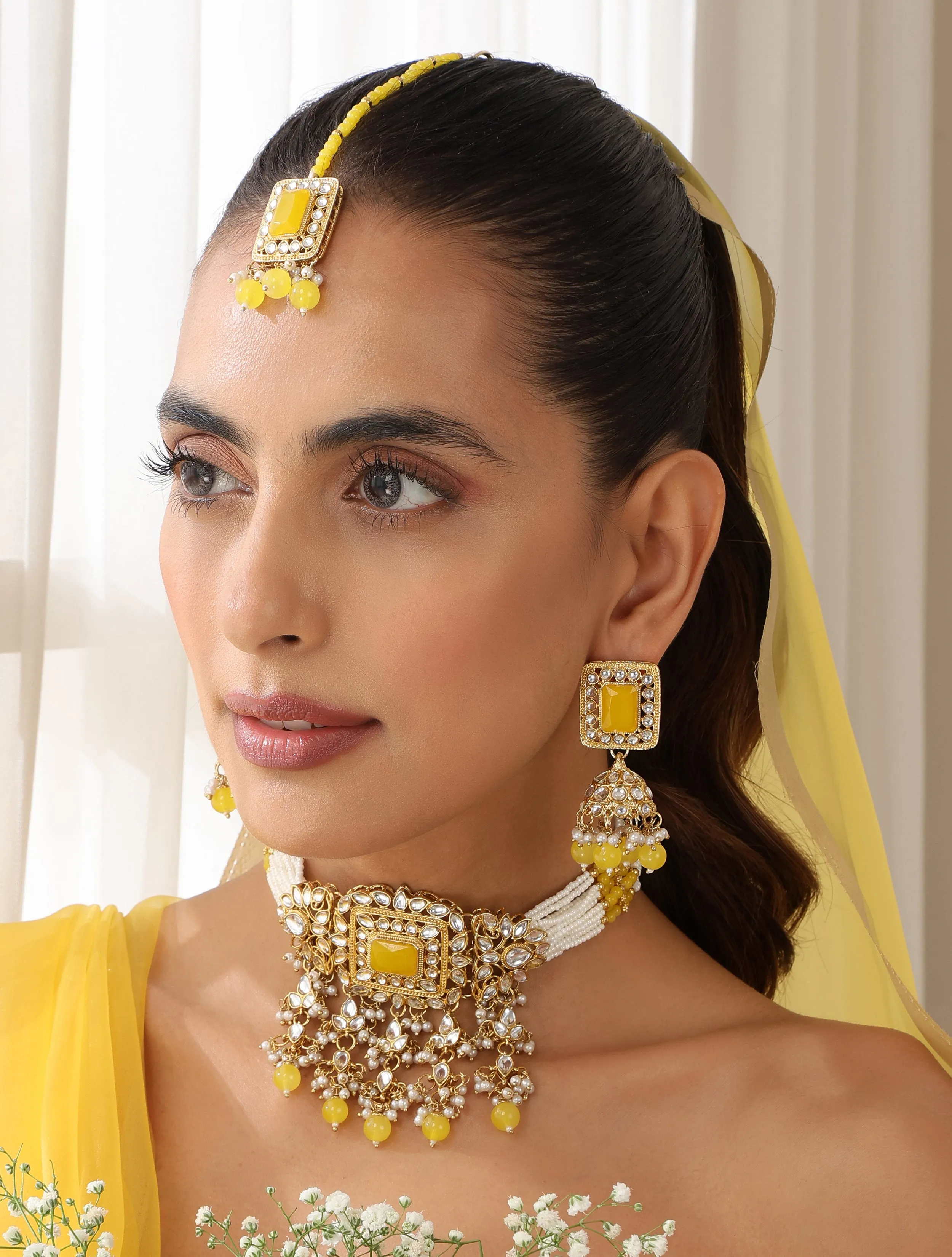 Yellow Pearl Choker Kundan Necklace, Earring and Maang Teeka Set