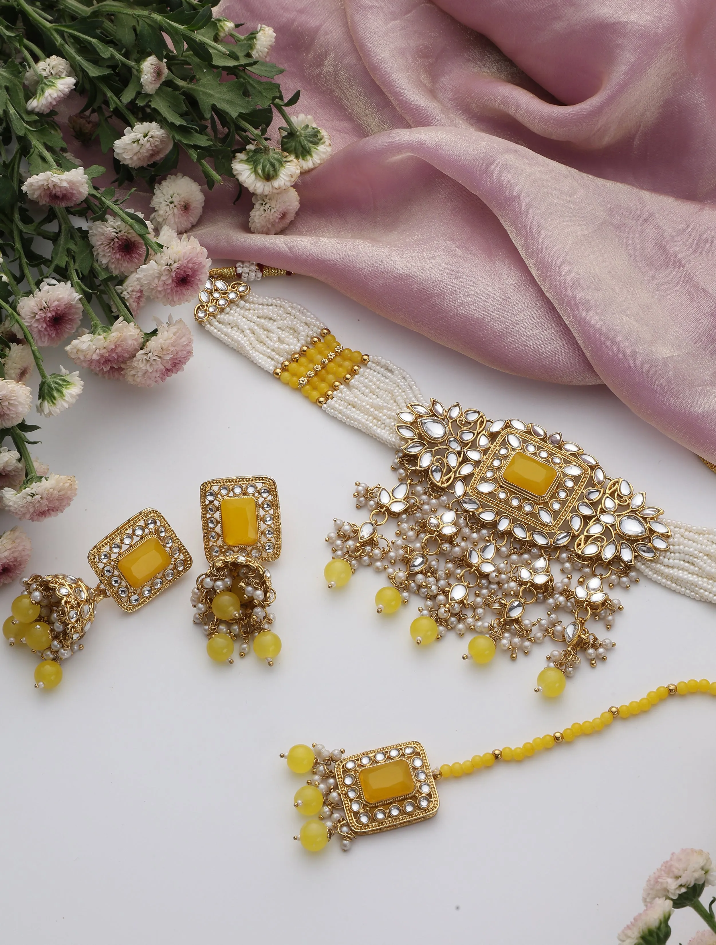 Yellow Pearl Choker Kundan Necklace, Earring and Maang Teeka Set