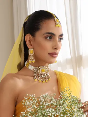 Yellow Pearl Choker Kundan Necklace, Earring and Maang Teeka Set